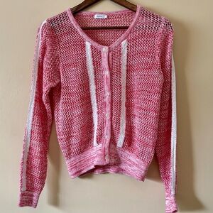 Kaffe| Euro Brand Pink & White Cable Knit Lace Trim Scoop Neck Cardigan Sz L